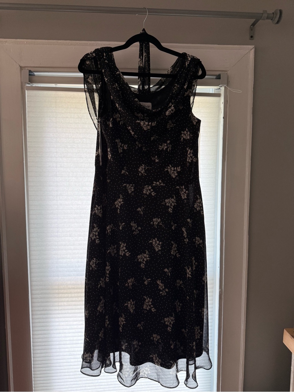 NorthStyle Black Floral Midi Dress with Sheer Overlay